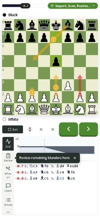 Chess Analysis mobile game review with board, green previous and next controls and the phone analysis tool row