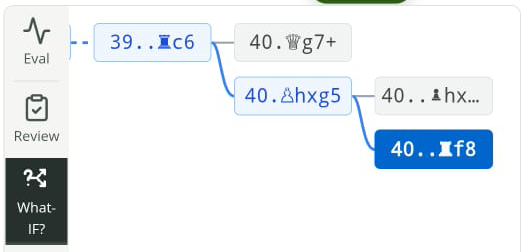 ChessAnalysis.co What-if view showing alternative move branches with a selected reply highlighted in blue