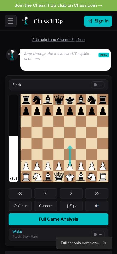 Chess It Up mobile game analyzer with the chessboard and previous and next move controls