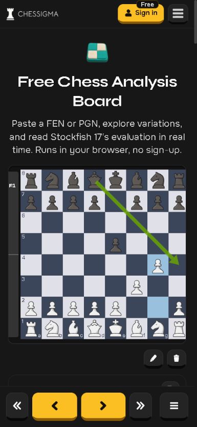 Chessigma mobile analysis board showing mate in one after g4 and large yellow previous and next move buttons