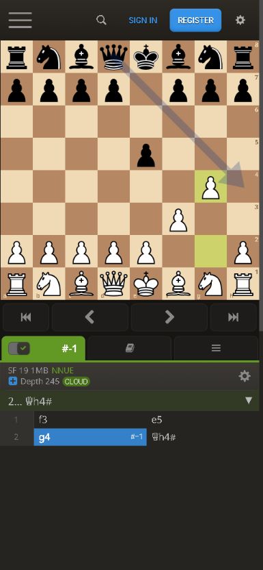 Lichess mobile analysis showing the board after g4, a mating queen arrow, navigation buttons and engine line Qh4 mate